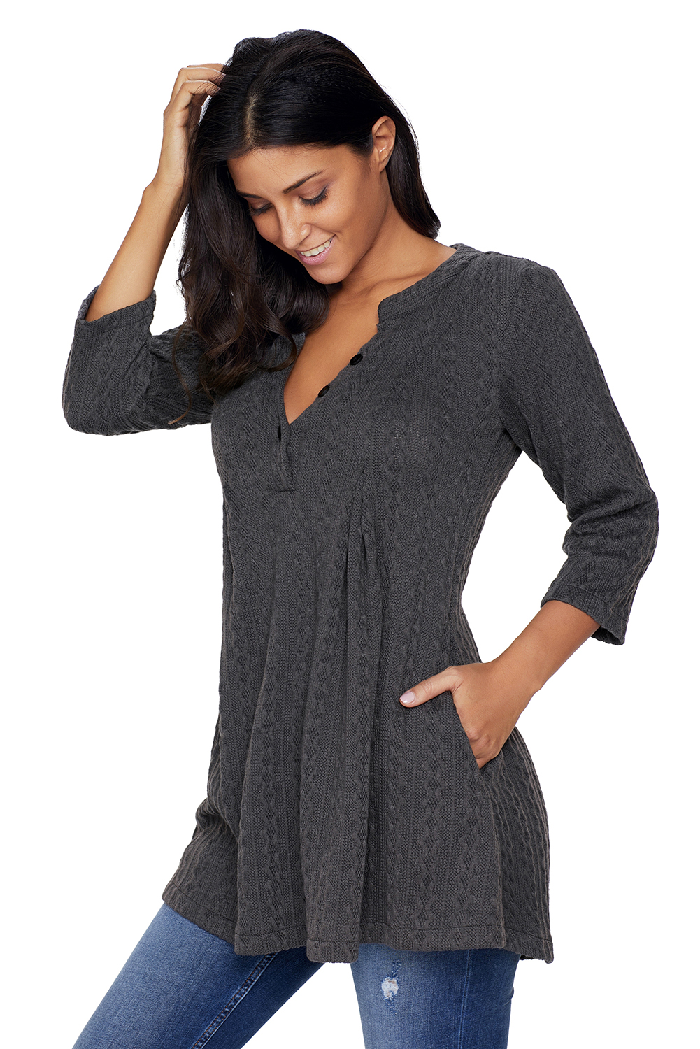 BY27750-1011 Charcoal Cable Knit Button Neck Swingy Tunic
